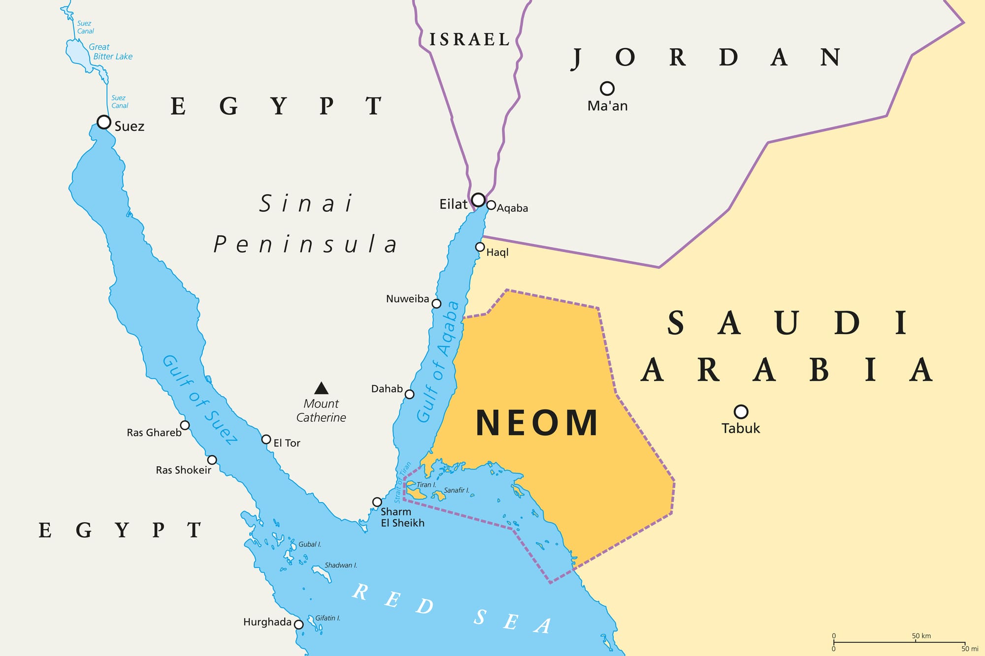 NEOM political map, megacity project of Saudi Arabia