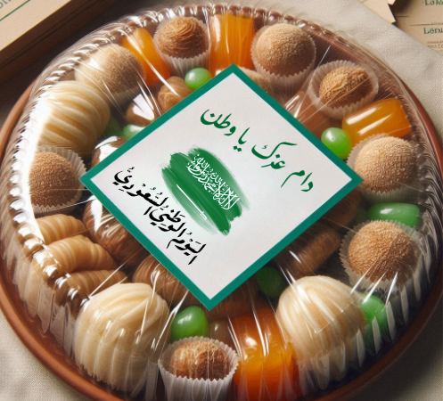 حلويات مع تغليف أنيق وعبارة وطنية احتفالية