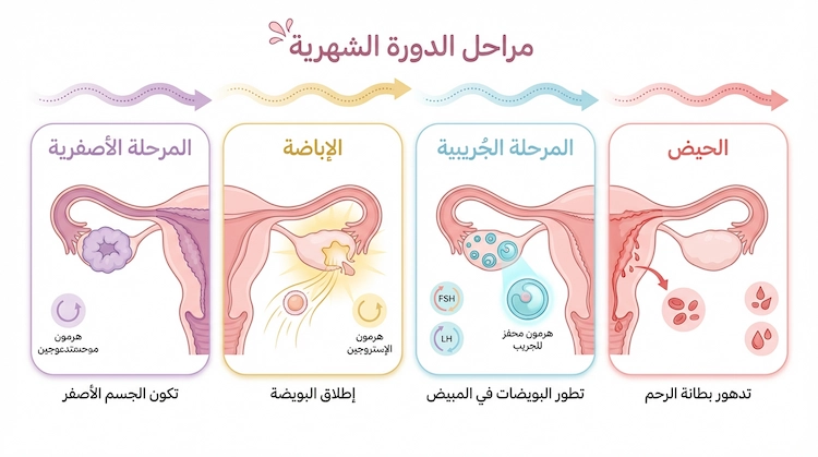 مراحل الدورة الشهرية باستخدام الرسوم التوضيحية